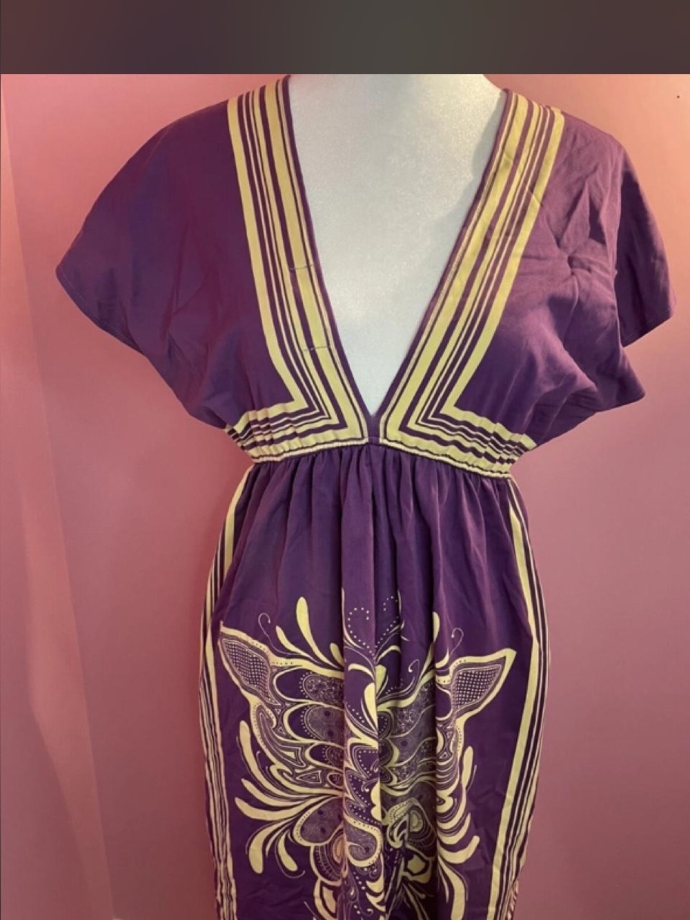 Women’s Medium Deep Cut Purple/Cream Tunic Dress Y2K | Boho By Flying Tomato